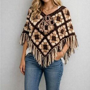Vintage Handmade Crochet Granny Square Poncho . Boho Fringe Shawl